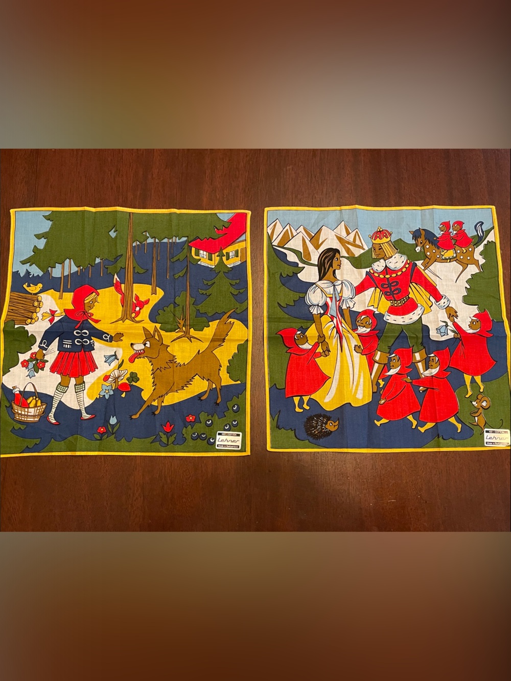 Vintage Storybook Cotton handkerchiefs Snow White & Little Red Riding Hood